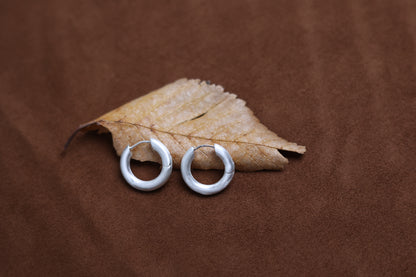 The Minimalist Basic Hoop — silver-tone round hoop earrings beside a dried leaf