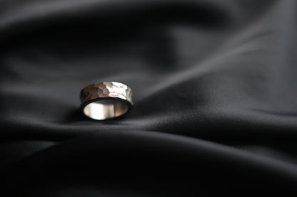 Handcrafted Silver Ring-Stone — hammered band on black fabric