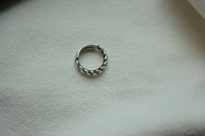 Handcrafted Braided Silver Ring-Unisex — top view of braided band on fabric