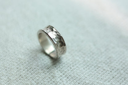 Handcrafted Silver Ring-Stone — hammered wide band on fabric