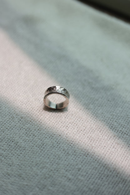 Handcrafted Silver Ring-Stone — upright hammered band in sunlight
