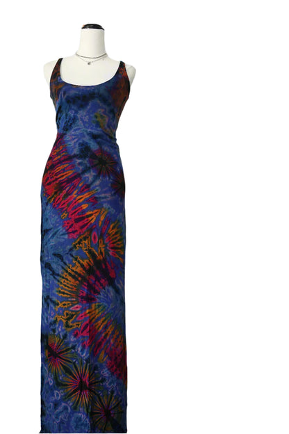 Blue & Purple Hand Tie-Dye Dress — blue-purple tie-dye maxi dress on mannequin