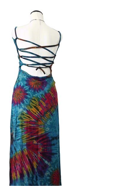 Green Hand Tie-Dye Dress — back of green tie-dye dress with crossed straps