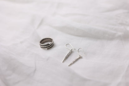 The Tribe Set — top view of ring and slender drop earrings