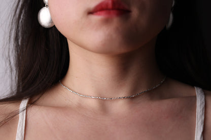 Minimalist Handcrafted Silver Beaded Necklace- Thin — fine beaded necklace worn with drop earrings