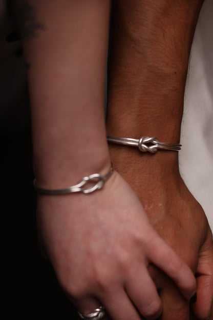 Handcrafted Minimal Style Silver Bangle-The Knot — knot bangles worn on two wrists