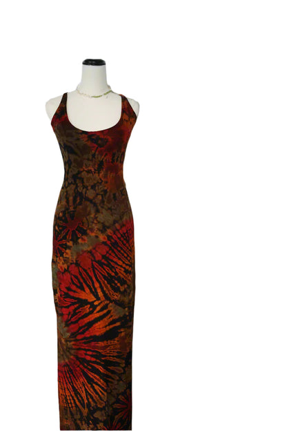 Red Hand Tie-Dye Dress — red tie-dye maxi dress on mannequin