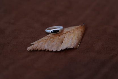 The B & W Onyx Ring — black oval ring on a dried leaf