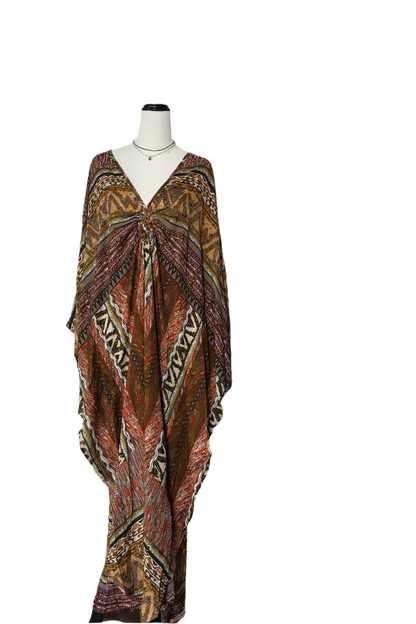 Boho Maxi Dress — front of patterned boho maxi dress on mannequin