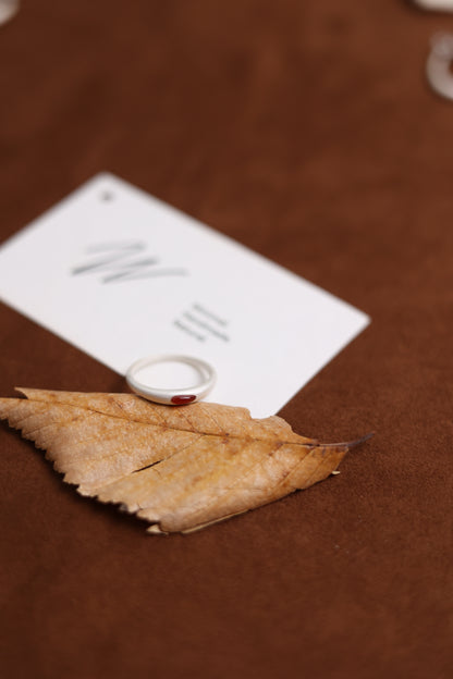 The Red Agate Silver Ring — red-stone ring on leaf beside branded card