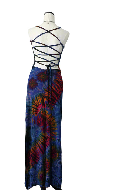 Blue & Purple Hand Tie-Dye Dress — back of blue-purple tie-dye dress showing crossed straps
