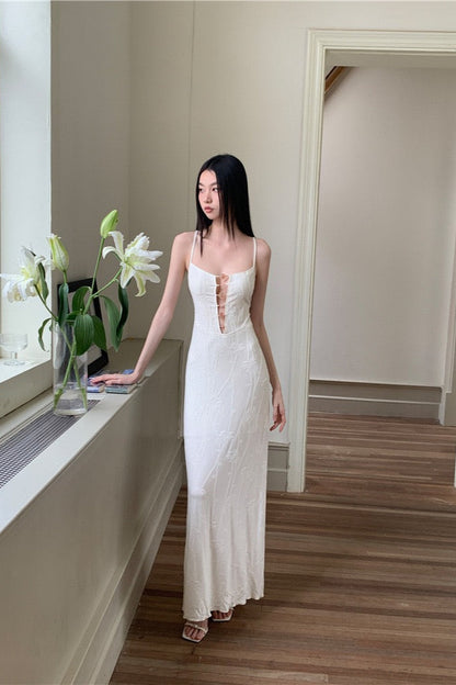 Beige Chic Maxi Dress — model wearing beige maxi dress indoors