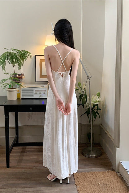 Beige Chic Maxi Dress — back of beige maxi dress showing straps