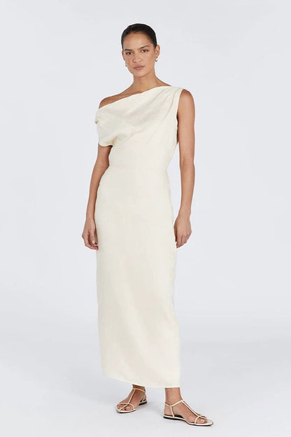 Off Shoulder Linen Maxi Dress — front of model wearing ivory one-shoulder maxi dress