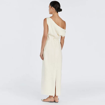 Off Shoulder Linen Maxi Dress — back of ivory one-shoulder maxi dress