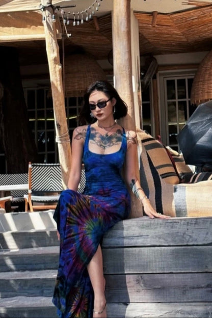 Blue & Purple Hand Tie-Dye Dress — model wearing blue-purple tie-dye maxi dress outdoors
