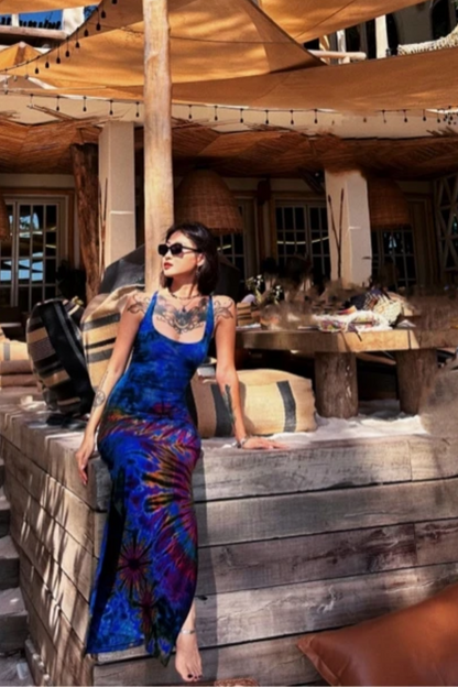Blue & Purple Hand Tie-Dye Dress — full view of model wearing blue-purple tie-dye dress