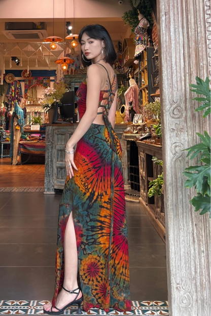 Red Hand Tie-Dye Dress — side view of model wearing red tie-dye dress