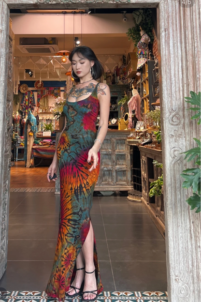 Red Hand Tie-Dye Dress — model wearing red tie-dye maxi dress