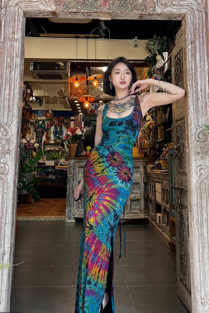 Green Hand Tie-Dye Dress — model wearing green tie-dye maxi dress