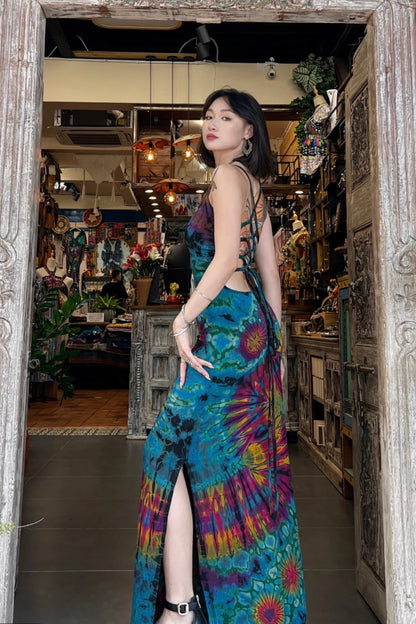 Green Hand Tie-Dye Dress — side view of model wearing green tie-dye dress
